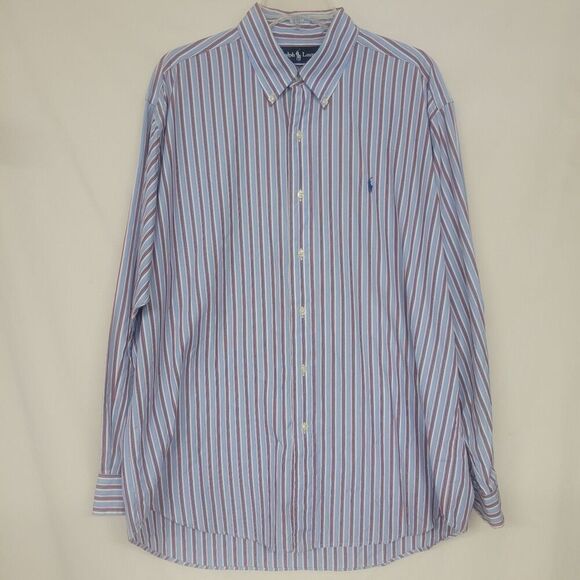 Polo Ralph Lauren Large Shirt Mens Large Button Blue Wide Stripe Blake Vintage - Picture 1 of 9